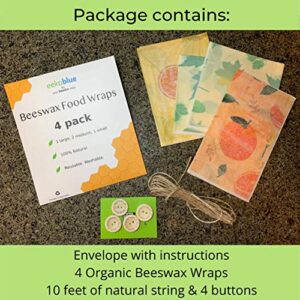 EEKOBLUE Beeswax Food Wraps (4-pack + tie closures) Each organic beeswax wrap with jojoba oil is a sustainable reusable food wrap that is an alternative to plastic. 3 Sizes (S,M,L)