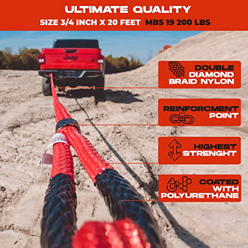 Miolle Kinetic Recovery Rope kit (Firecracker RED, 3/4" x20') - Heavy Duty Offroad Snatch Strap - Includes 2 Soft Shackle for UTV, ATV, Truck, Car, Jeep, Tractor - Ultimate Elastic Straps Towing Gear