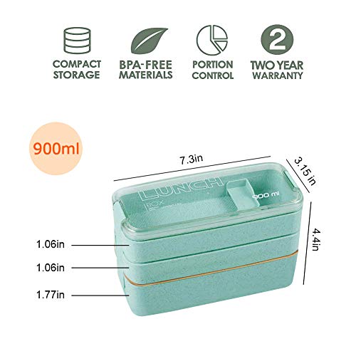 Bento Box Lunch Box, Iteryn 3-In-1 Compartment Containers - Wheat Straw, Leakproof Eco-Friendly Stackable Bento Lunch Box Meal Prep