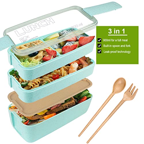 Bento Box Lunch Box, Iteryn 3-In-1 Compartment Containers - Wheat Straw, Leakproof Eco-Friendly Stackable Bento Lunch Box Meal Prep