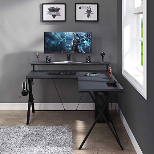 OSP Home Furnishings Checkpoint Battlestation L Shaped Gaming Desk with RGB LED Lights, Black