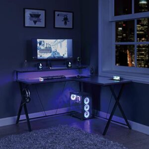 OSP Home Furnishings Checkpoint Battlestation L Shaped Gaming Desk with RGB LED Lights, Black