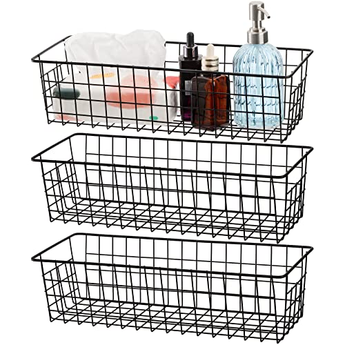 Hedume 3 Pack Metal Wire Storage Organizer Basket, 16.2" x 6.3" x 4.4" Bin Basket with Handles, Versatile Organizer for Kitchen, Pantry, Closet, Laundry Room, Cabinets, Bathroom - Black