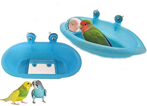 2 PCS Bird Bathtub with Mirror Toy Parrot Shower Tub Cleaning Tool Plastic Durable Odorless Cage Accessories for Small Parakeet Cockatiel Conure Lovebird Finch Budgie Canary