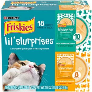 purina friskies cat food complement variety pack, lil’ slurprises shredded chicken & surimi whitefish - (18) 1.2 oz. pouches