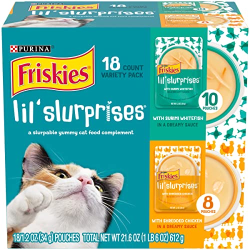 Purina Friskies Cat Food Complement Variety Pack, Lil’ Slurprises Shredded Chicken & Surimi Whitefish - (18) 1.2 oz. Pouches