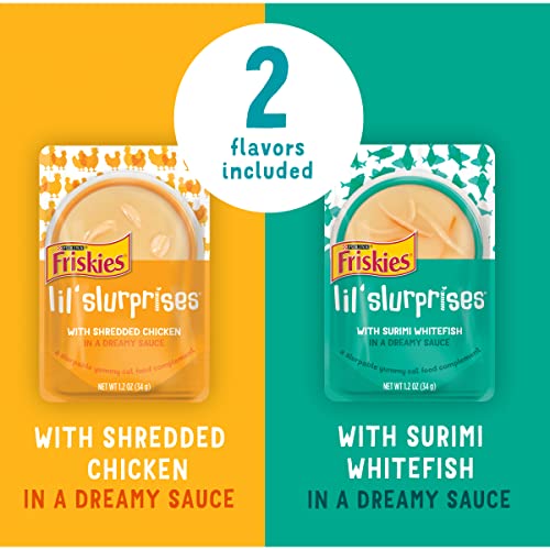 Purina Friskies Cat Food Complement Variety Pack, Lil’ Slurprises Shredded Chicken & Surimi Whitefish - (18) 1.2 oz. Pouches