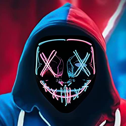 Depointer Halloween Scary Mask Cosplay Led Costume Mask EL Wire Light up Halloween Festival Party(Ice Blue&Pink)