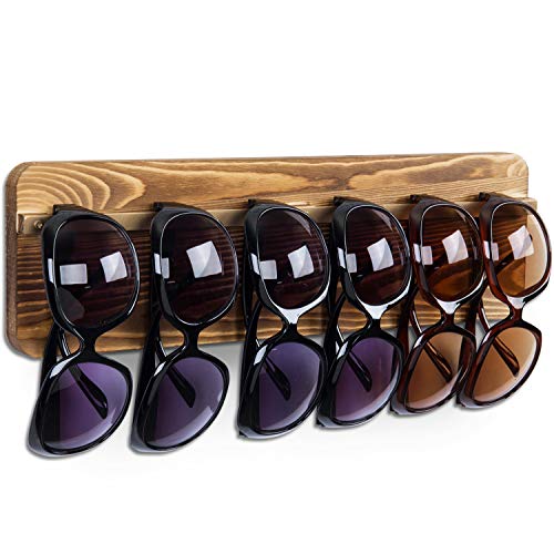 MyGift Burnt Wood Sunglasses Holder Organizer Wall Mounted Eyeglasses Display Rack with Brass Metal Hanging Rod
