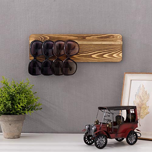 MyGift Burnt Wood Sunglasses Holder Organizer Wall Mounted Eyeglasses Display Rack with Brass Metal Hanging Rod