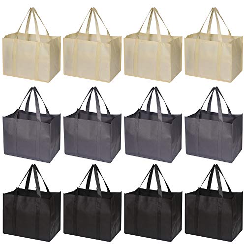 Set of 12 Reusable Grocery Bags Large Foldable Heavy Duty Shopping Tote Produce Bag with Reinforced Handles for Groceries Clothes Vegetables Fruit, Black Grey Beige