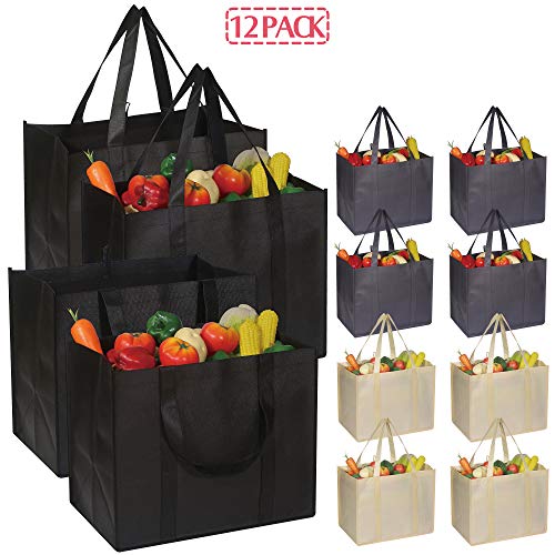 Set of 12 Reusable Grocery Bags Large Foldable Heavy Duty Shopping Tote Produce Bag with Reinforced Handles for Groceries Clothes Vegetables Fruit, Black Grey Beige