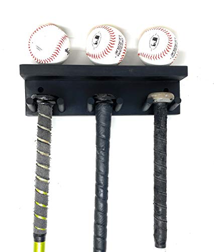 MWCSPORTSCOMPLEX Baseball Softball Bat Rack Display Meant to Hold up to 5 Full Size Bats and 3 Baseballs Holder Trophy Awards Baseball Bat Rack Display Shelf Holder Wall Mount (Black)