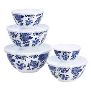 amazon basics nesting melamine mixing bowl with lid and non-slip base, 5 sizes, blue and white floral - set of 10, 4 quarts