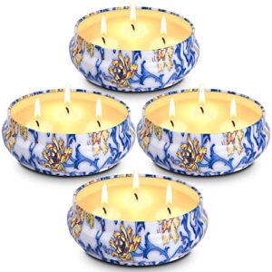 hausware citronella candles outdoor & indoor, 4x5oz 3-wick scented candles gifts set,natural soy wax portable travel tin gift set for home garden patio balcony decorative