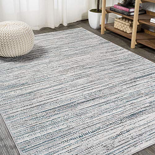 JONATHAN Y SOR200B-8 Loom Modern Strie' Indoor Area-Rug Solid Striped Casual Transitional Easy-Cleaning Bedroom Kitchen Living Room Non Shedding, 8 ft x 10 ft, Gray/Turquoise