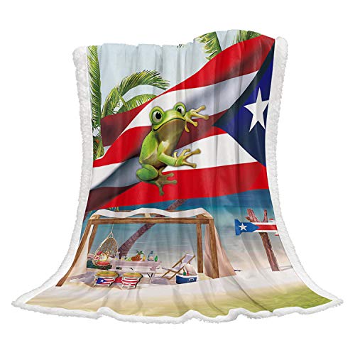SUN-Shine Sherpa Fleece Throw Blanket Coastal Beach Time Home Decor Reversible Fuzzy Warm and Cozy Throws, Puerto Rico Flag and Frog Super Soft Plush Bed TV Blankets for Couch/Sofa/Travel