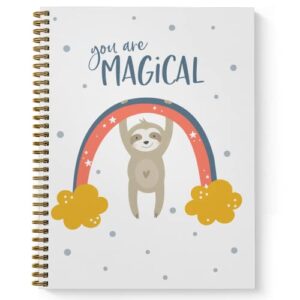 softcover magical 8.5" x 11" motivational sloth spiral notebook/journal, 120 wide ruled pages, durable gloss laminated cover, gold wire-o spiral. made in the usa