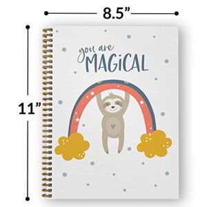 Softcover Magical 8.5" x 11" Motivational Sloth Spiral Notebook/Journal, 120 Wide Ruled Pages, Durable Gloss Laminated Cover, Gold Wire-o Spiral. Made in the USA