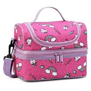 kasqo lunch bag box for girls, insulated cooler bag kids lunch tote with dual compartments, pink kitty