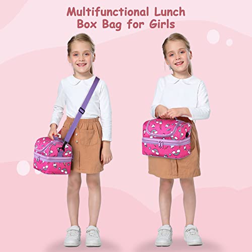 Kasqo Lunch Bag Box for Girls, Insulated Cooler Bag Kids Lunch Tote with Dual Compartments, Pink Kitty