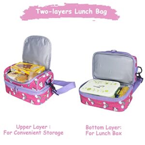 Kasqo Lunch Bag Box for Girls, Insulated Cooler Bag Kids Lunch Tote with Dual Compartments, Pink Kitty