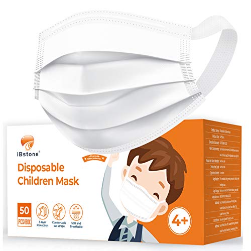 iBstone Kids Face Mask, Disposable Children Mask for School and Daily Use, 3-Layer, Comfortable Wide Straps, Non-Latex, White, 50PCS