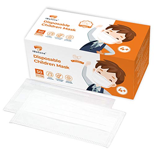 iBstone Kids Face Mask, Disposable Children Mask for School and Daily Use, 3-Layer, Comfortable Wide Straps, Non-Latex, White, 50PCS