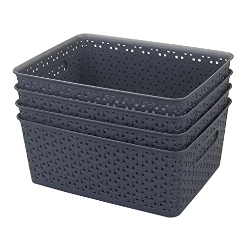 Hespama Grey Plastic Storage Baskets with Handles, 4 Packs