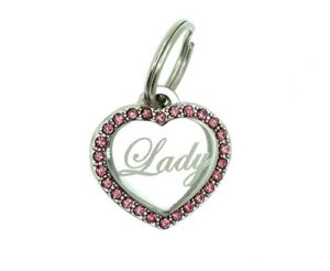 custom engraved personalized stainless steel small heart pink rhinestones dog cat pet id jewelry bling tag