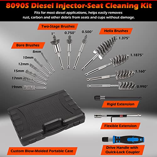 Bonbo Professional Diesel Injector-Seat Cleaning Kit 8090S on Cylinder Heads, Including Helix Brushes, Two-Stage Brushes, Bore Brushes and Swabs (Stainless Steel, 17-Pack)