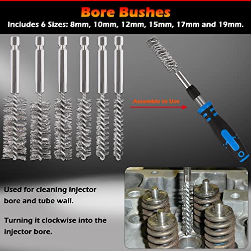 Bonbo Professional Diesel Injector-Seat Cleaning Kit 8090S on Cylinder Heads, Including Helix Brushes, Two-Stage Brushes, Bore Brushes and Swabs (Stainless Steel, 17-Pack)