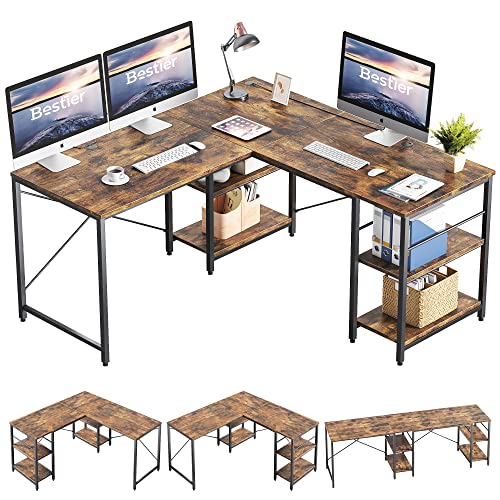 Bestier L Shaped Desk with Shelves 95.2 Inch Reversible Corner Computer Desk or 2 Person Long Table for Home Office Large Gaming Writing Storage Workstation P2 Board with 3 Cable Holes, Rustic Brown