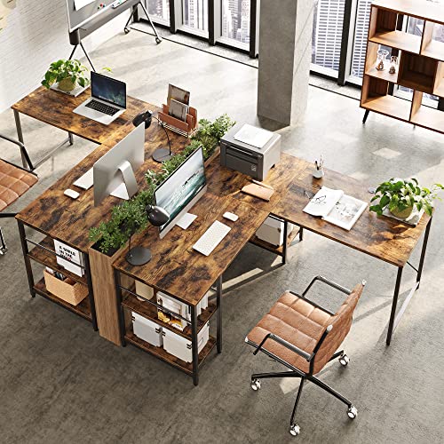 Bestier L Shaped Desk with Shelves 95.2 Inch Reversible Corner Computer Desk or 2 Person Long Table for Home Office Large Gaming Writing Storage Workstation P2 Board with 3 Cable Holes, Rustic Brown