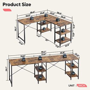 Bestier L Shaped Desk with Shelves 95.2 Inch Reversible Corner Computer Desk or 2 Person Long Table for Home Office Large Gaming Writing Storage Workstation P2 Board with 3 Cable Holes, Rustic Brown