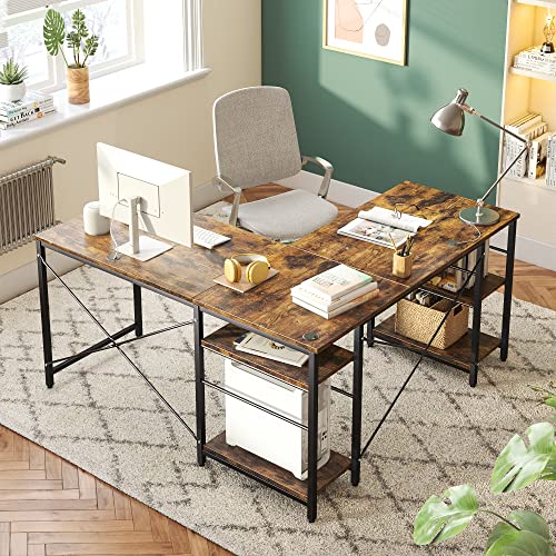 Bestier L Shaped Desk with Shelves 95.2 Inch Reversible Corner Computer Desk or 2 Person Long Table for Home Office Large Gaming Writing Storage Workstation P2 Board with 3 Cable Holes, Rustic Brown