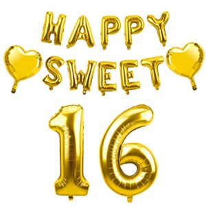 lnlofen happy sweet 16 balloon banner with 2 heart foil - gold 16th birthday party decorations - happy sixteen party decorations supplies
