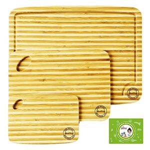 boelley bamboo cutting board set of 3 w/1 pp placemat,wood cutting board set w/juice groove-handles chopping board for kitchen small & large wooden cutting board,butcher block serving tray