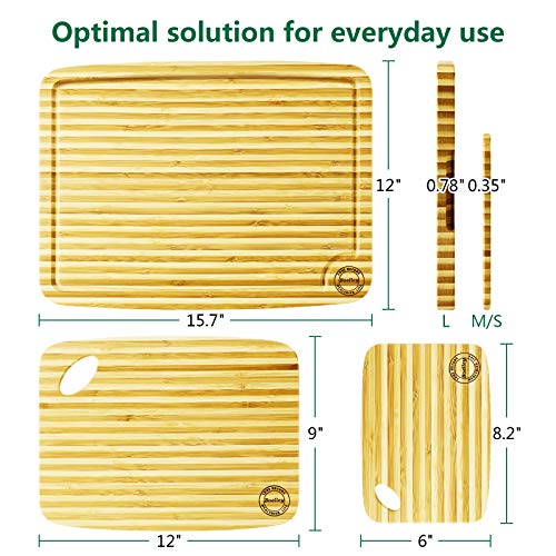 Boelley Bamboo Cutting Board set of 3 w/1 PP Placemat,Wood Cutting Board Set w/Juice Groove-Handles Chopping Board for kitchen Small & Large wooden cutting board,butcher block serving tray
