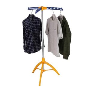 collapsible clothes drying rack, portable garment rack indoor, foldable standing laundry racks for drying clothes, tripod stand, hangaway garment rack, steamer hanger stand, orange and blue