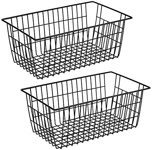 SANNO Freezer Baskets Wire Storage Baskets Closet Baskets Bin Farmhouse Organizer Storage Bins Large Organizer Bins for Home, Office, Bathroom, Pantry Organization Storage -Black Set of 2, 15.7"