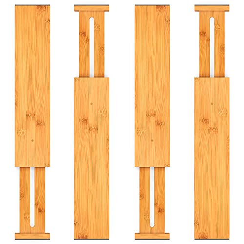 Pipishell 4-Pack Bamboo Drawer Dividers, 17.5-20.8" Adjustable Separators Expandable Drawer Divider Organizers Kitchen Utensils Organization Extra Long for Dresser Bedroom Bathroom Office 2.5" High