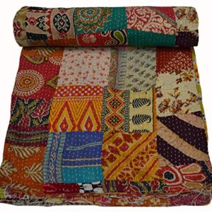 Maviss Homes Beautiful Indian Traditional Patchwork Super Soft Cotton Double Kantha Quilt | Throw Blanket Bedspreads | Cozy Blanket Quilt | Easy Machine Washable and Dryable; Multicolour