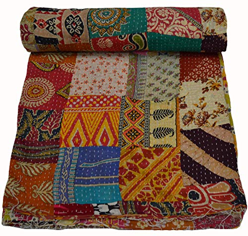 Maviss Homes Beautiful Indian Traditional Patchwork Super Soft Cotton Double Kantha Quilt | Throw Blanket Bedspreads | Cozy Blanket Quilt | Easy Machine Washable and Dryable; Multicolour