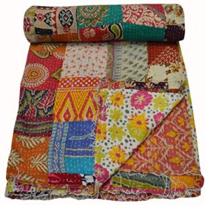 Maviss Homes Beautiful Indian Traditional Patchwork Super Soft Cotton Double Kantha Quilt | Throw Blanket Bedspreads | Cozy Blanket Quilt | Easy Machine Washable and Dryable; Multicolour