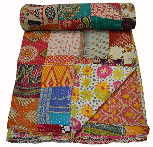 Maviss Homes Beautiful Indian Traditional Patchwork Super Soft Cotton Double Kantha Quilt | Throw Blanket Bedspreads | Cozy Blanket Quilt | Easy Machine Washable and Dryable; Multicolour