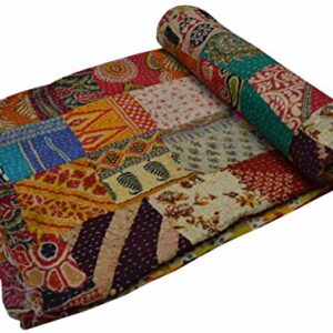 Maviss Homes Beautiful Indian Traditional Patchwork Super Soft Cotton Double Kantha Quilt | Throw Blanket Bedspreads | Cozy Blanket Quilt | Easy Machine Washable and Dryable; Multicolour