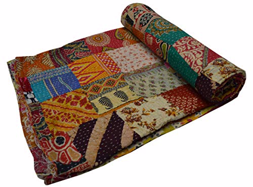 Maviss Homes Beautiful Indian Traditional Patchwork Super Soft Cotton Double Kantha Quilt | Throw Blanket Bedspreads | Cozy Blanket Quilt | Easy Machine Washable and Dryable; Multicolour