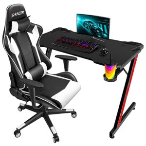 homall racing pu leather swivel chair and 43.6 inch z shaped computer desk table gaming home office furniture sets (white)