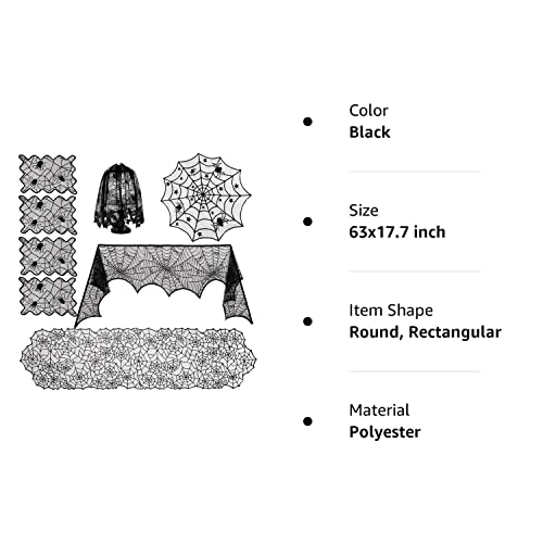 Sunnyglade 8 Pack Halloween Spider Cobweb Lace Tablecloth Set,Fireplace Mantel Scarf & Lace Table Runner & Round Table Cover & Spider Lampshade & Rectangular Placemat for Halloween Party Decorations